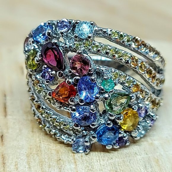 Natural Garnet, Emerald, Tanzanite 925 Sterling Silver Ring Sz 7.5 - Picture 9 of 9